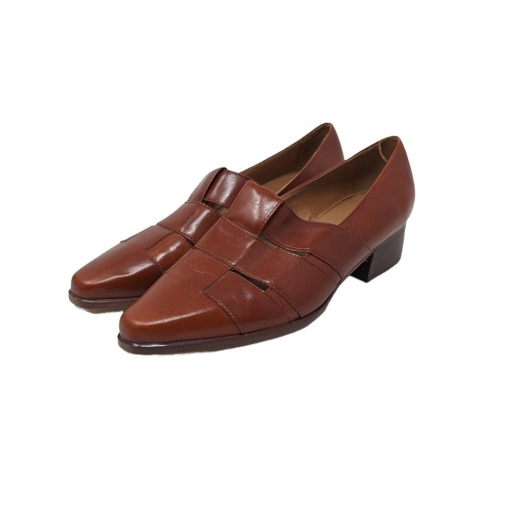 Vintage 1990s Nine West Casual Shoes Brown Slip On Leather Pump Block Heels 8.0